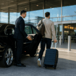 Passenger being dropped off by a minicab at airport departures