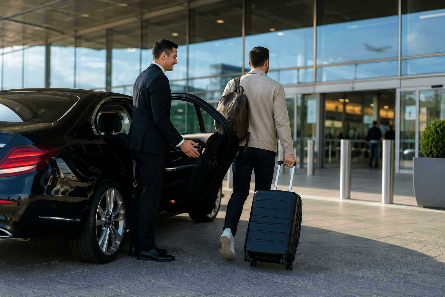 Passenger being dropped off by a minicab at airport departures