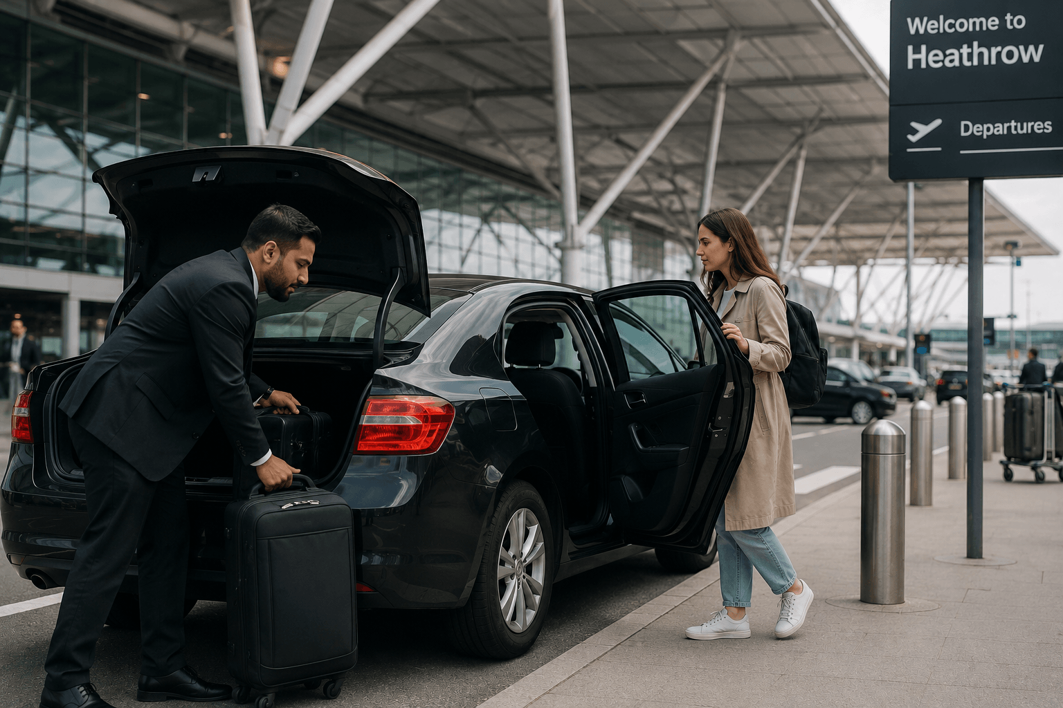 Suited taxi driver unloading passenger luggage from a car at Heathrow Airport Departures