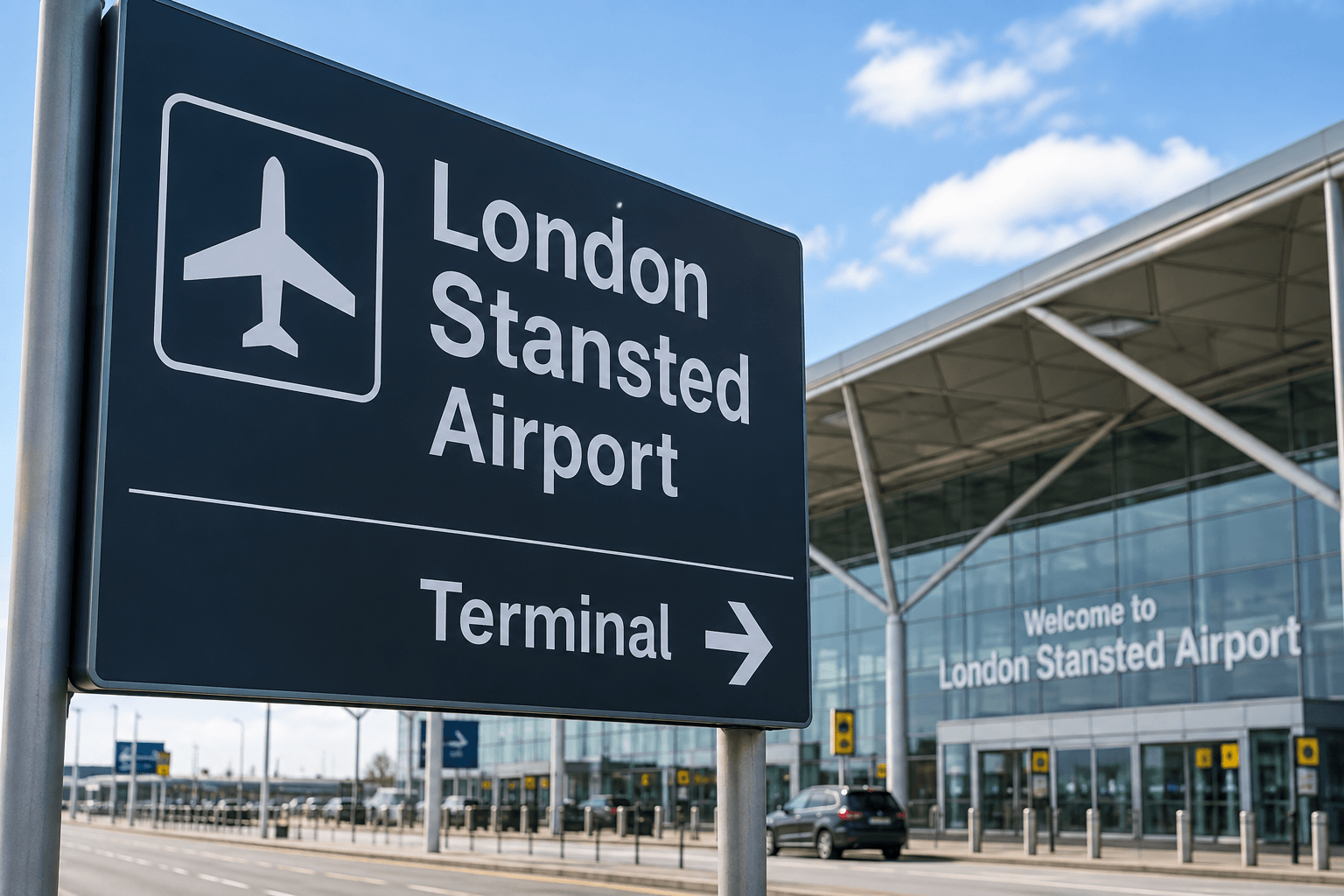 London Stansted Airport terminal with a large directional sign pointing towards the terminal entrance. Stansted drop-off charges.