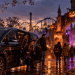 A family getting out of a taxi outside a theme park on Halloween