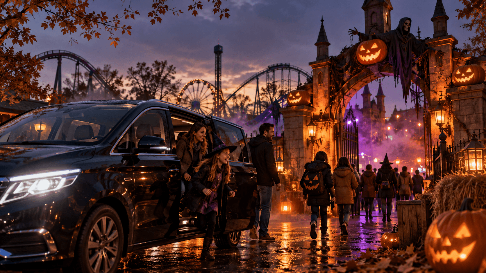 A family getting out of a taxi outside a theme park on Halloween