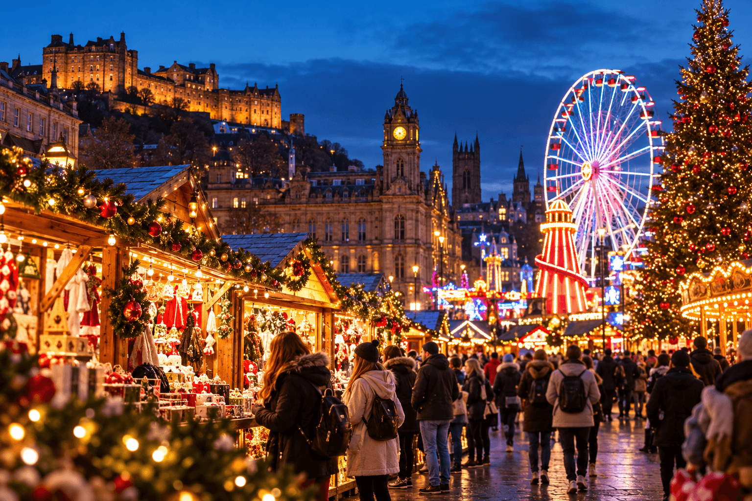 Festive UK Christmas market at dusk, with illuminated wooden stalls, a Ferris wheel, Christmas tree and visitors enjoying Christmas shopping.