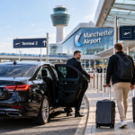 Manchester Airport Terminal - drop off guide. Minicab dropping off passengers with luggage outside Manchester Airport, with signs for Terminals 2 and 3.