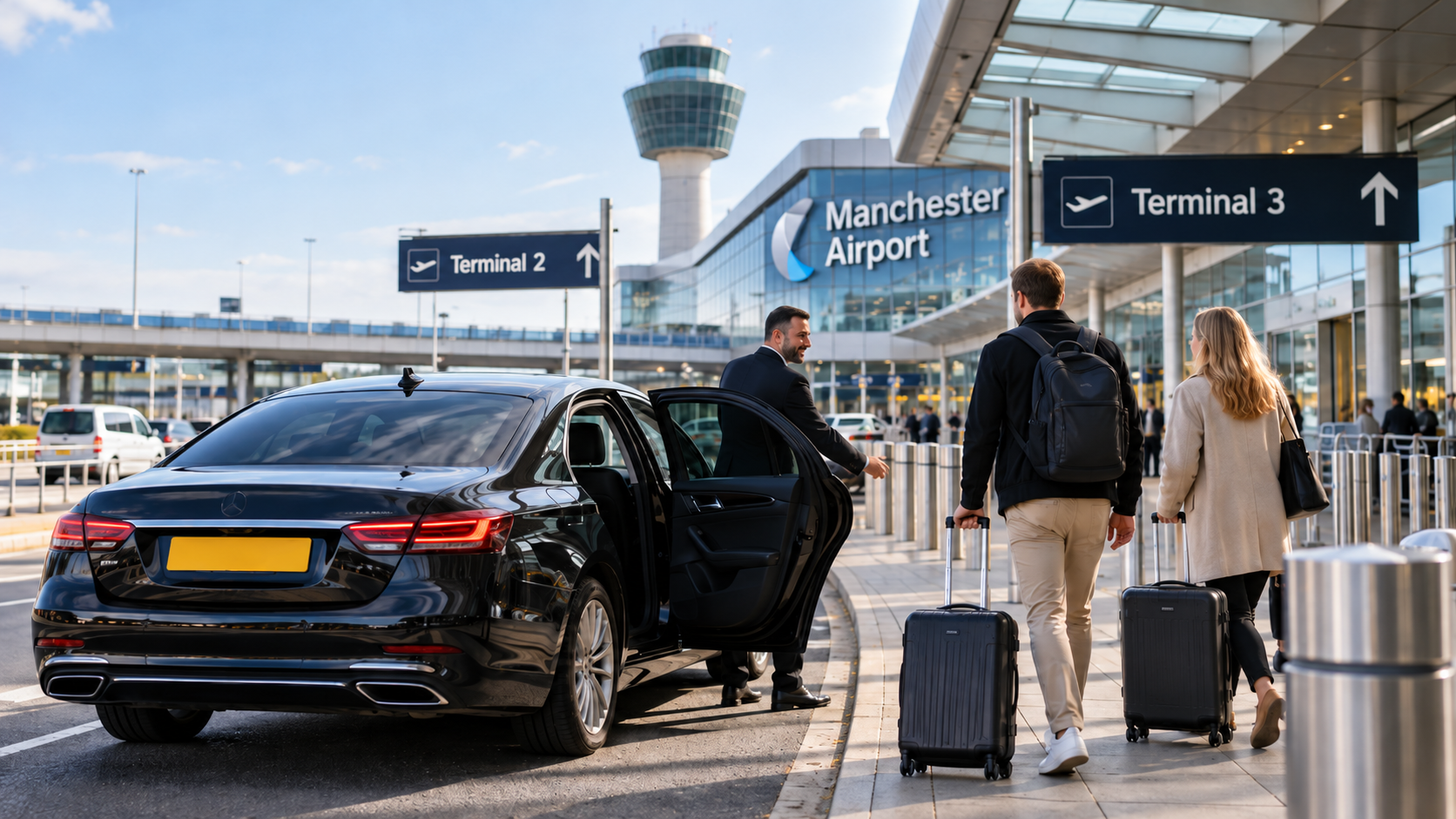 Manchester Airport Terminal - drop off guide. Minicab dropping off passengers with luggage outside Manchester Airport, with signs for Terminals 2 and 3.