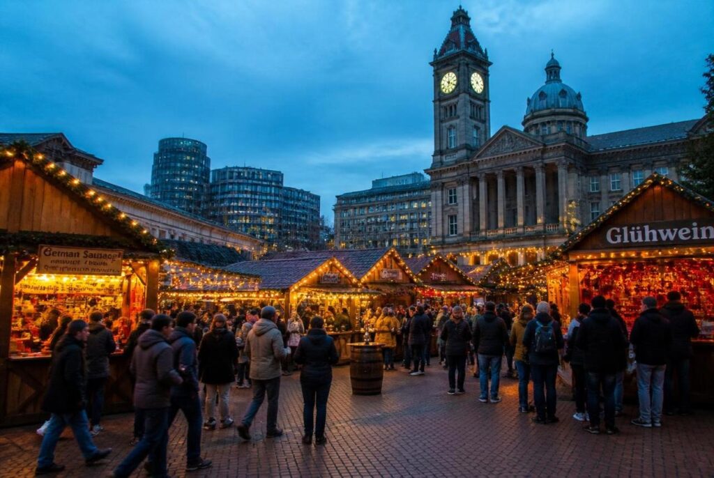 Birmingham Christmas Market: Visitors browsing Birmingham Frankfurt Christmas Market in Victoria Square, with festive wooden stalls and Christmas lights.