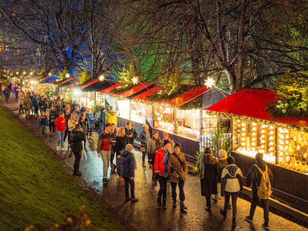 Edinburgh Christmas Market - a busy row of market stalls