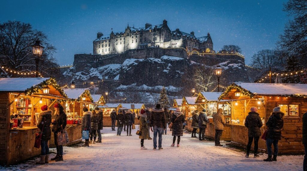 Edinburgh Christmas Market - a snowy scene of the market stalls with Edinburgh Castle in the background